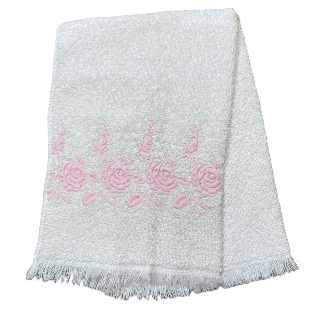 Vintage Dundee Pink Embroidered Rose White Cotton Hand‎ Towel USA Cottage